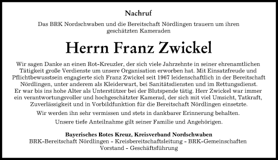 Traueranzeige von Franz Zwickel von Rieser Nachrichten
