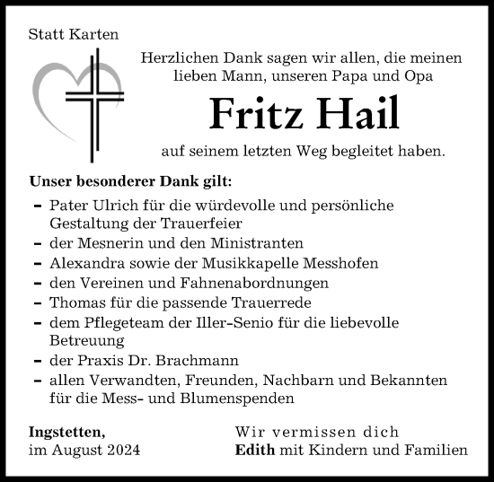 Traueranzeige von Fritz Hail von Neu-Ulmer Zeitung