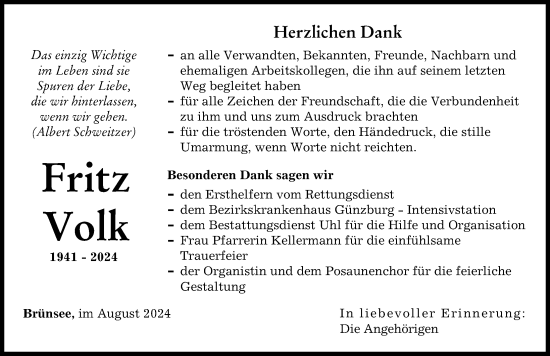Traueranzeige von Fritz Volk von Donauwörther Zeitung