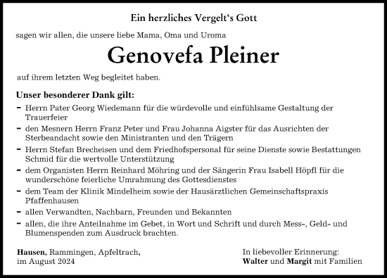 Traueranzeige von Genovefa Pleiner von Mindelheimer Zeitung