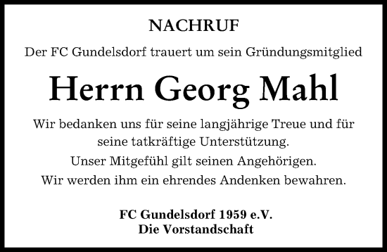 Traueranzeige von Georg Mahl von Aichacher Nachrichten