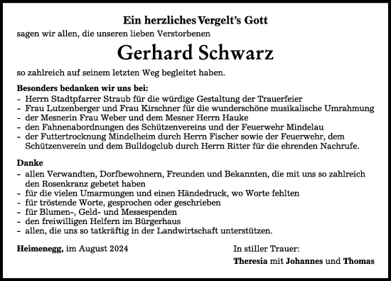 Traueranzeige von Gerhard Schwarz von Mindelheimer Zeitung