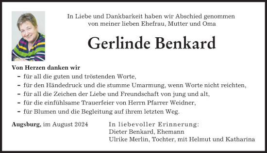 Traueranzeige von Gerlin de Benkard von Augsburger Allgemeine
