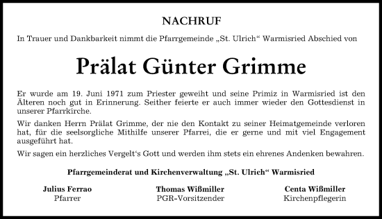 Traueranzeige von Günter Grimme von Mindelheimer Zeitung