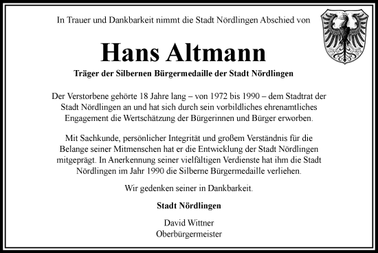 Traueranzeige von Hans Altmann von Rieser Nachrichten