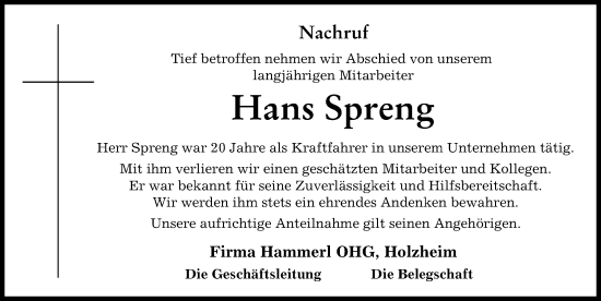 Traueranzeige von Hans Spreng von Donauwörther Zeitung
