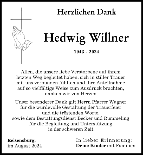 Traueranzeige von Hedwig Willner von Günzburger Zeitung
