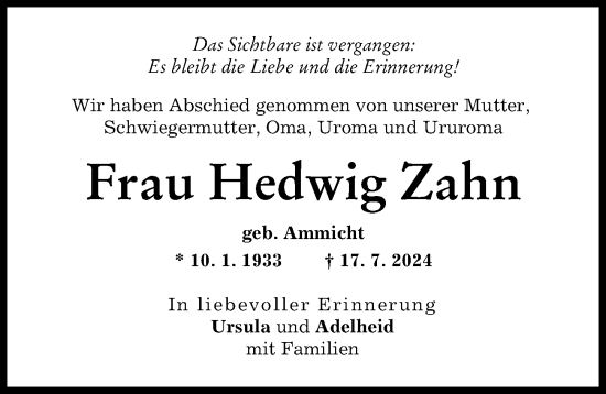 Traueranzeige von Hedwig Zahn von Günzburger Zeitung
