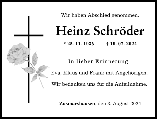 Traueranzeige von Heinz Schröder von Augsburger Allgemeine