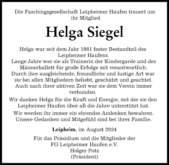 Traueranzeige von Helga Siegel von Günzburger Zeitung