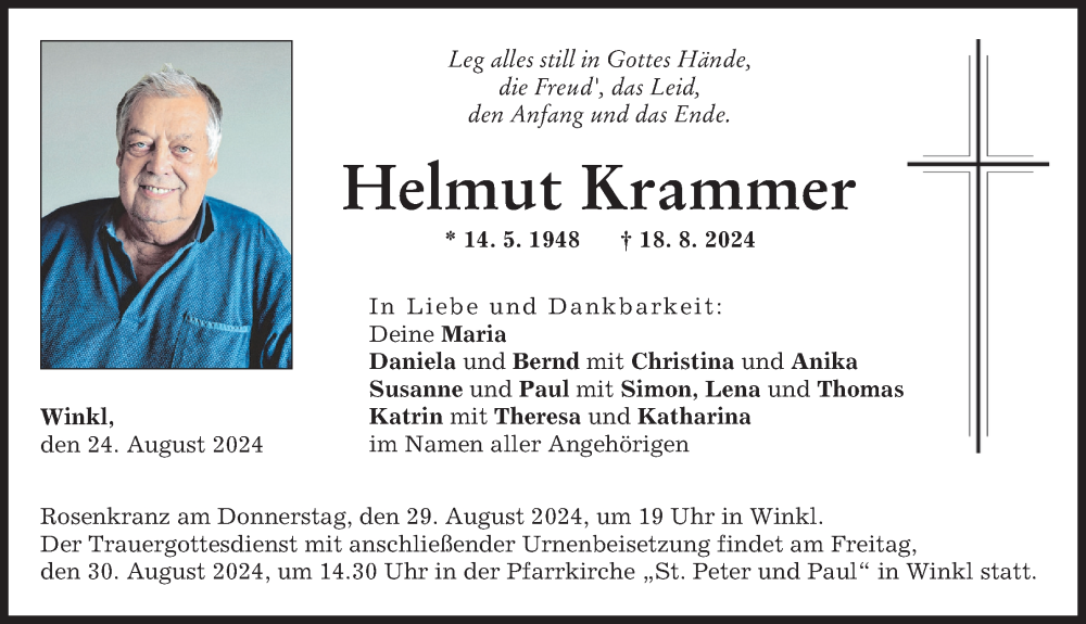  Traueranzeige für Helmut Krammer vom 24.08.2024 aus Landsberger Tagblatt