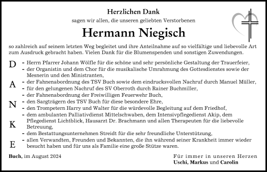 Traueranzeige von Hermann Niegisch von Illertisser Zeitung