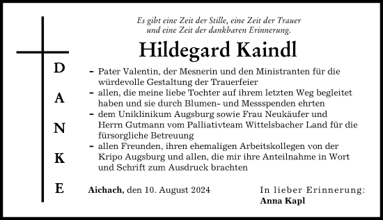 Traueranzeige von Hildegard Kaindl von Aichacher Nachrichten