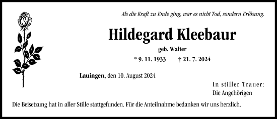 Traueranzeige von Hildegard Kleebaur von Donau Zeitung