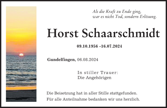 Traueranzeige von Horst Schaarschmidt von Donau Zeitung