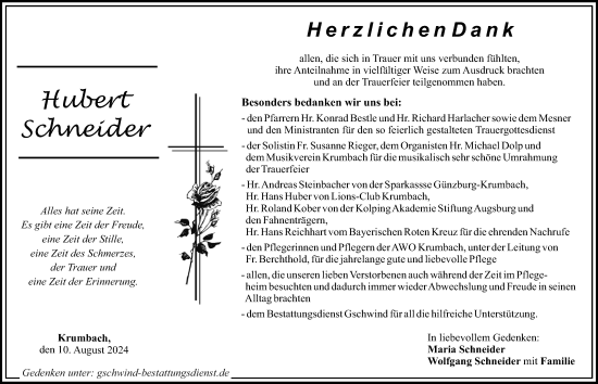 Traueranzeige von Hubert Schneider von Mittelschwäbische Nachrichten, Günzburger Zeitung
