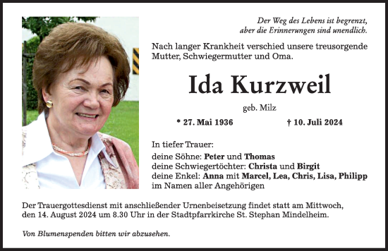 Traueranzeige von Ida Kurzweil von Mindelheimer Zeitung
