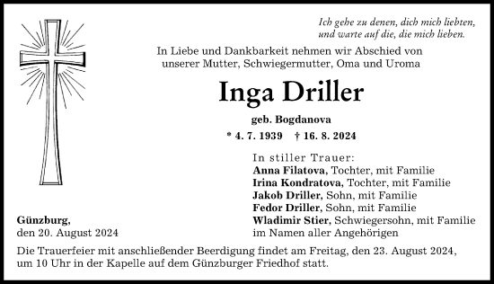 Traueranzeige von Inga Driller von Günzburger Zeitung