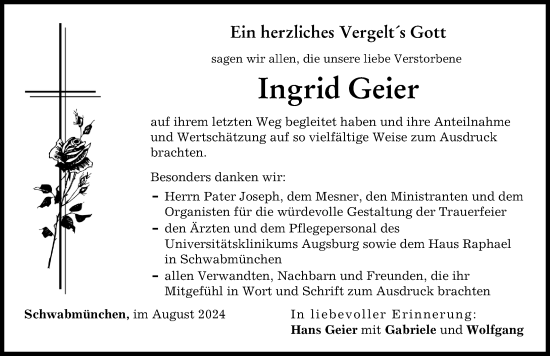 Traueranzeige von Ingrid Geier von Schwabmünchner Allgemeine
