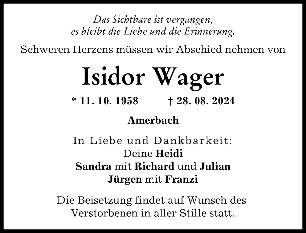  Traueranzeige für Isidor Wager vom 30.08.2024 aus Donauwörther Zeitung
