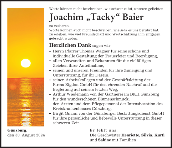 Traueranzeige von Joachim Baier von Günzburger Zeitung