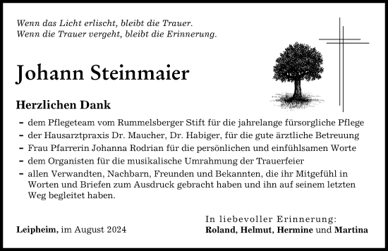Traueranzeige von Johann Steinmaier von Günzburger Zeitung