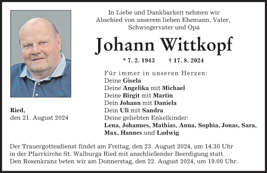 Traueranzeige von Johann Wittkopf von Friedberger Allgemeine
