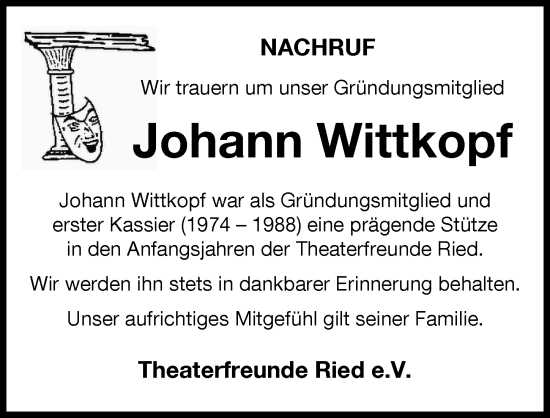 Traueranzeige von Johann Wittkopf von Friedberger Allgemeine
