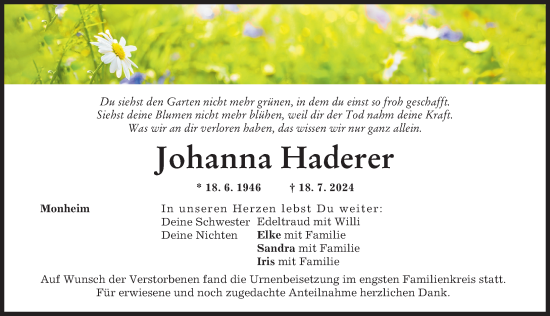 Traueranzeige von Johanna Haderer von Donauwörther Zeitung