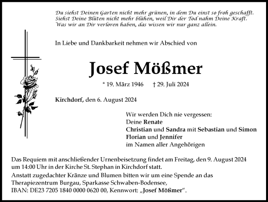 Traueranzeige von Josef Mößmer von Mindelheimer Zeitung