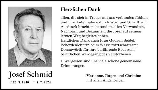 Traueranzeige von Josef Schmid von Augsburg-Land