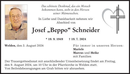 Traueranzeige von Josef Schneider von Augsburg-Land