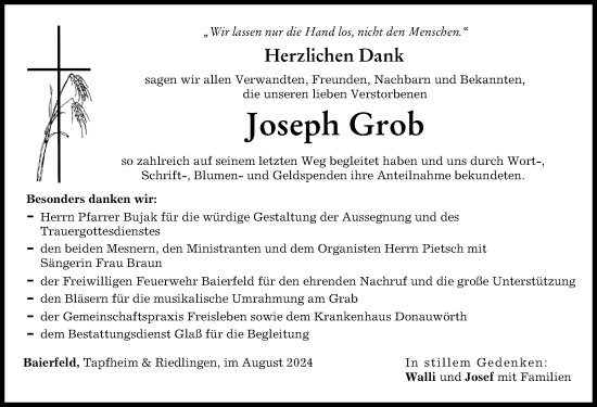 Traueranzeige von Joseph Grob von Donauwörther Zeitung