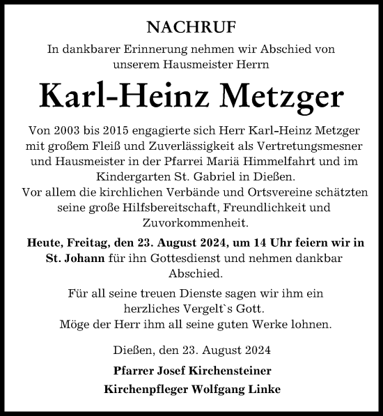 Traueranzeige von Karl-Heinz Metzger von Ammersee Kurier