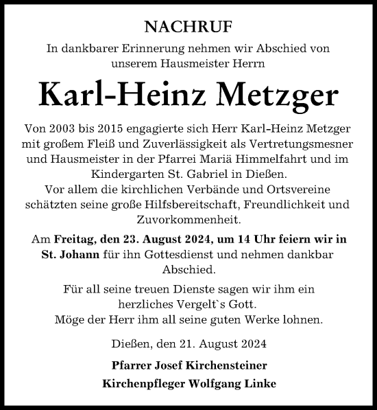 Traueranzeige von Karl-Heinz Metzger von Landsberger Tagblatt