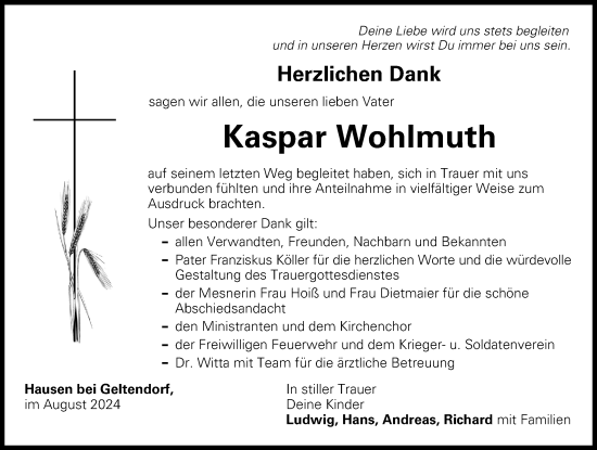 Traueranzeige von Kaspar Wohlmuth von Landsberger Tagblatt