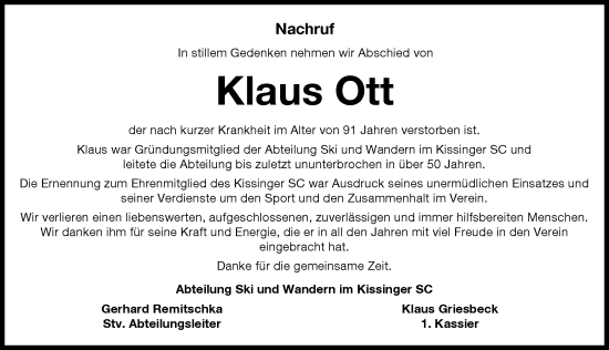 Traueranzeige von Klaus Ott von Friedberger Allgemeine
