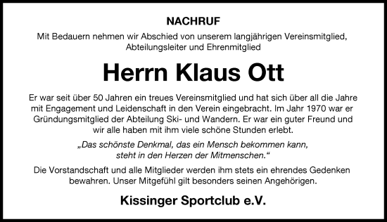 Traueranzeige von Klaus Ott von Friedberger Allgemeine
