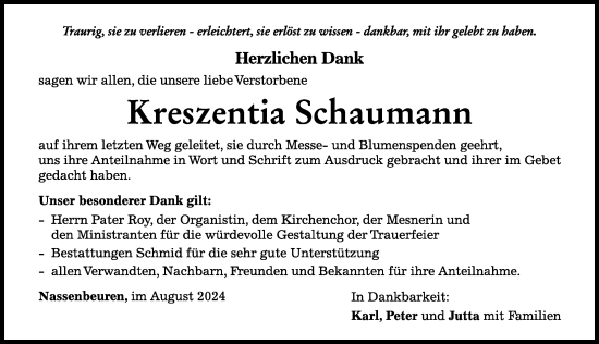 Traueranzeige von Kreszentia Schaumann von Mindelheimer Zeitung