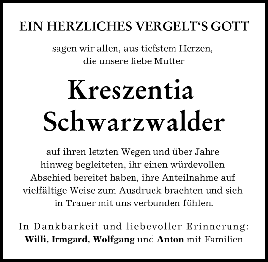 Traueranzeige von Kreszentia Schwarzwalder von Landsberger Tagblatt