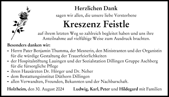 Traueranzeige von Kreszenz Feistle von Donau Zeitung