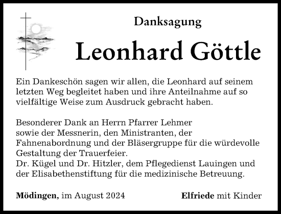 Traueranzeige von Leonhard Göttle von Donau Zeitung