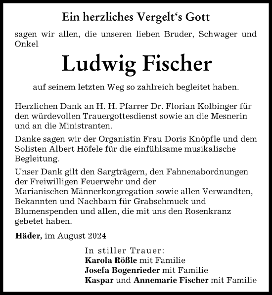 Traueranzeige von Ludwig Fischer von Augsburg-Land