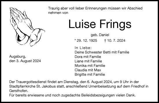 Traueranzeige von Luise Frings von Augsburger Allgemeine