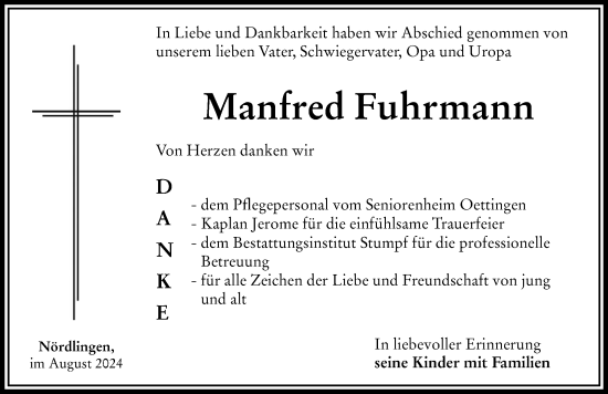 Traueranzeige von Manfred Fuhrmann von Rieser Nachrichten