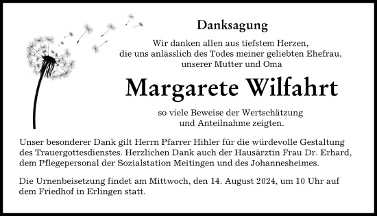 Traueranzeige von Margarete Wilfahrt von Augsburg-Land