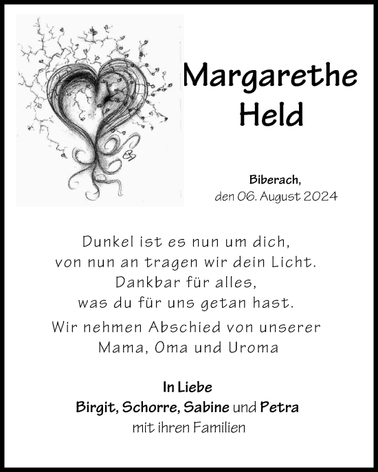 Traueranzeige von Margarethe Held von Neu-Ulmer Zeitung