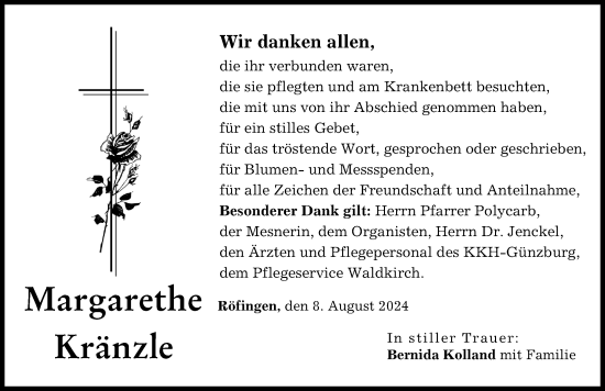 Traueranzeige von Margarethe Kränzle von Günzburger Zeitung