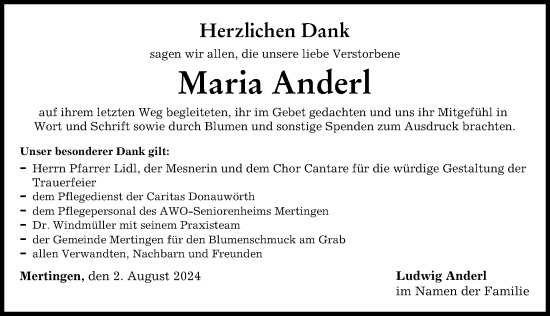 Traueranzeige von Maria Anderl von Donauwörther Zeitung