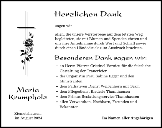 Traueranzeige von Maria Krumpholz von Mittelschwäbische Nachrichten
